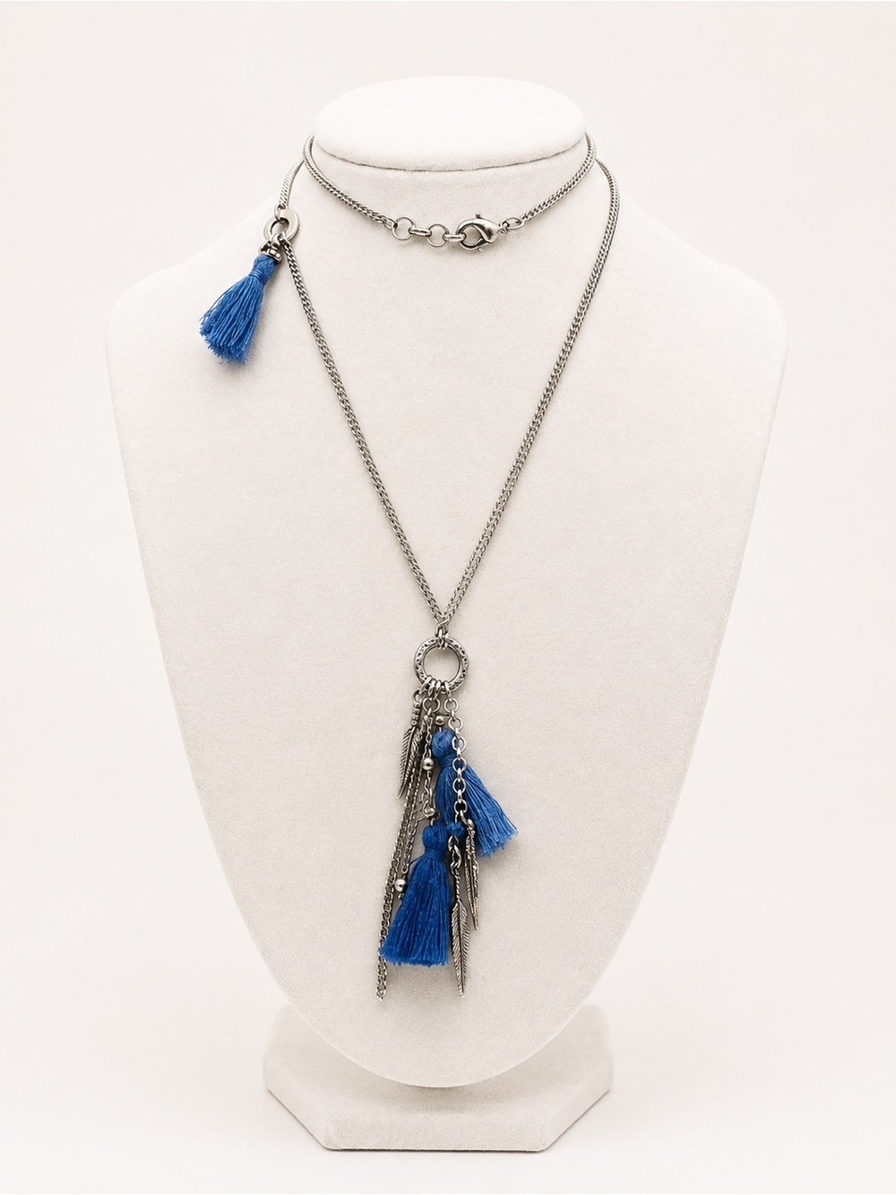 Silver Layered Necklace with Blue Tassel Pendant - Women Jewelry